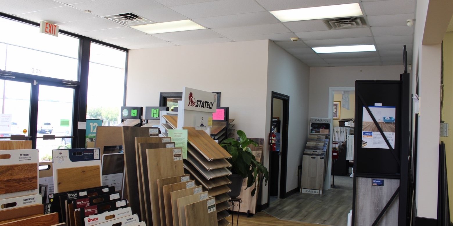 Boyd’s Carpet & More flooring showroom in Winterville, NC featuring carpet, hardwood, and luxury vinyl flooring options